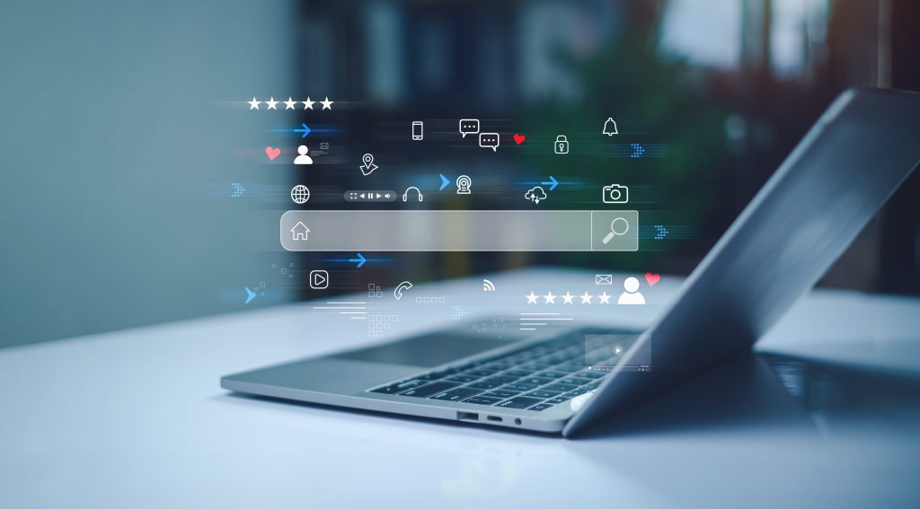 AI-driven marketing strategy visualization depicting a digital lab with SEO elements