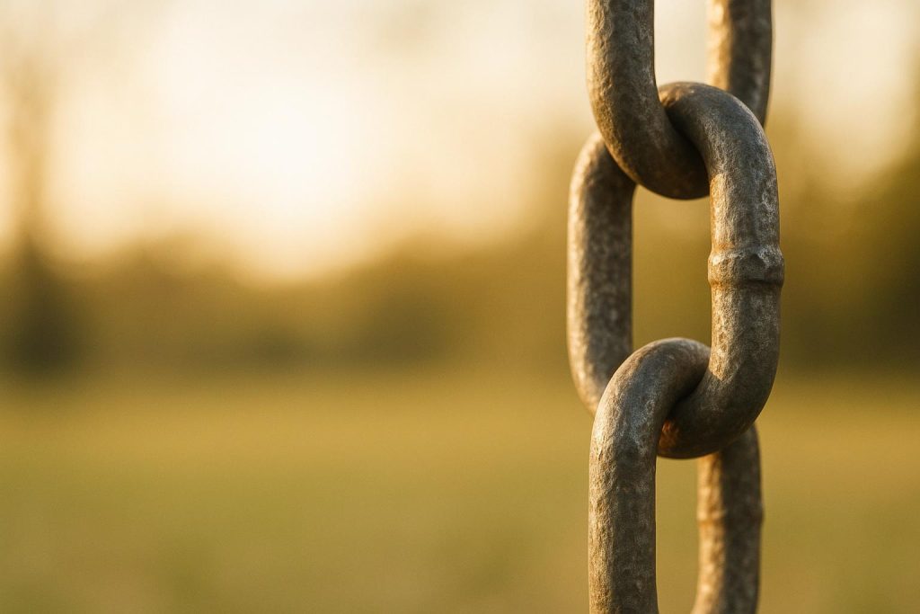 Close-up of a rusted chain link representing risks in link building tactics.