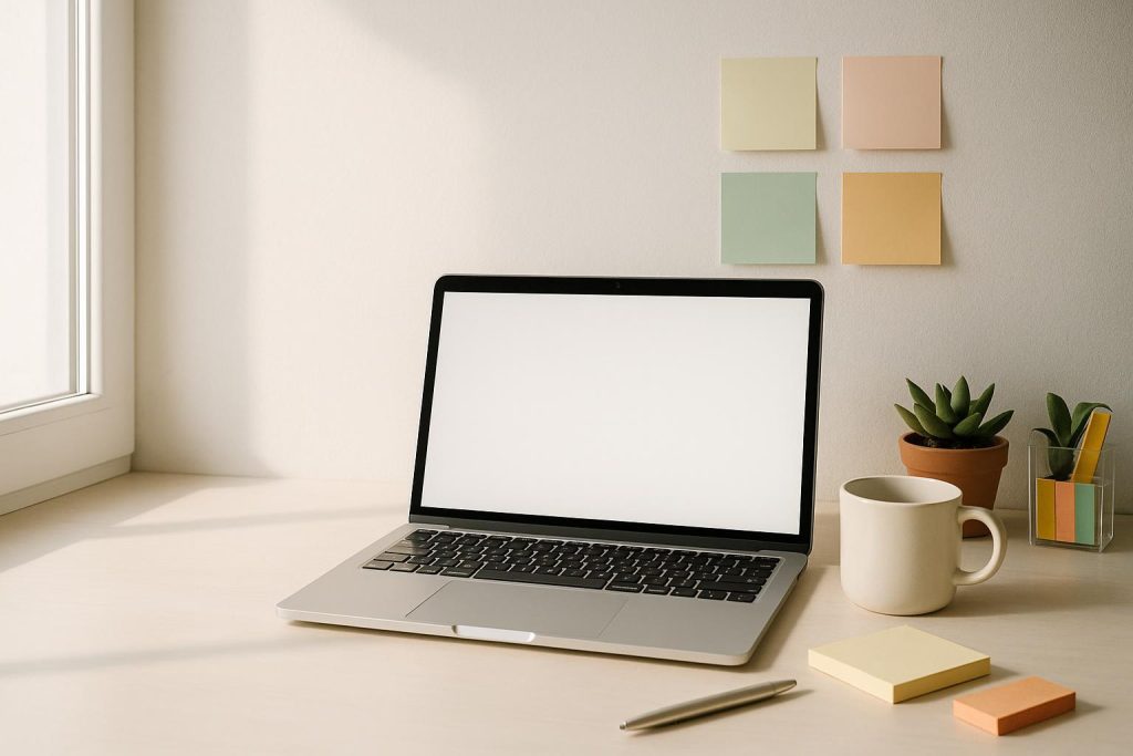 Laptop and sticky notes for competitor keyword research on a bright desk.
