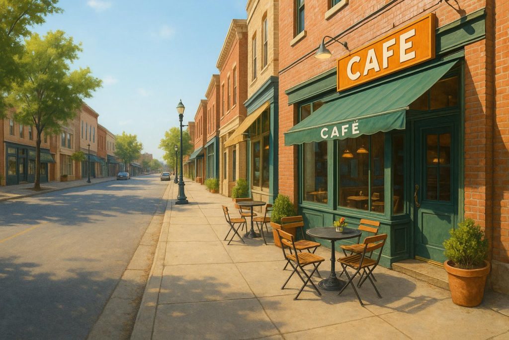 Local café on a busy city street showcasing a local SEO environment.