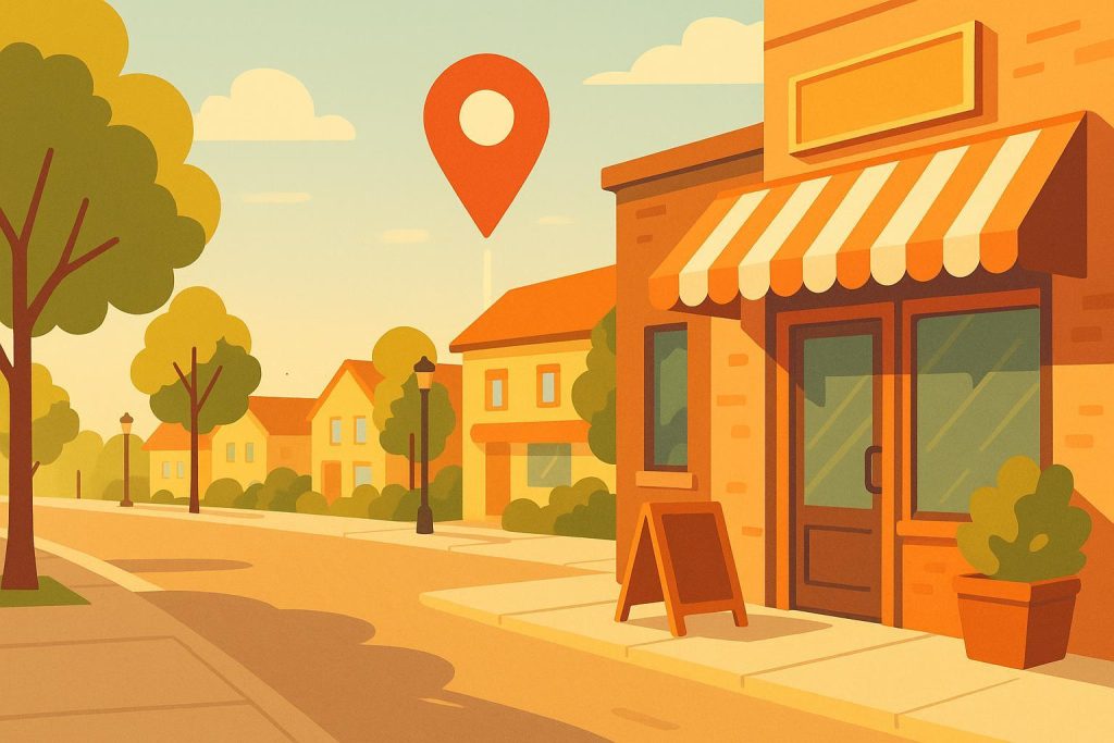 Local storefront with a location pin, illustrating geo-targeted keywords for local SEO.