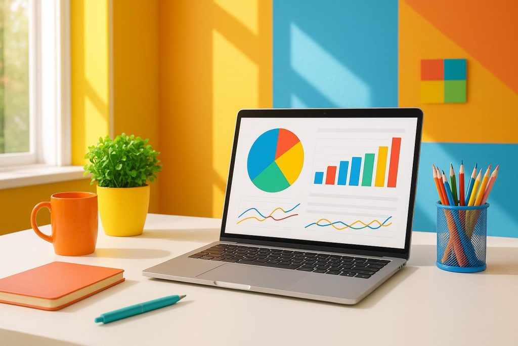 Laptop showing data charts for seo analytics tools in a bright workspace.