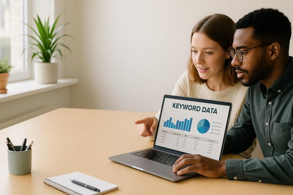 Two colleagues studying competitor analysis on a laptop to find free keyword insights.