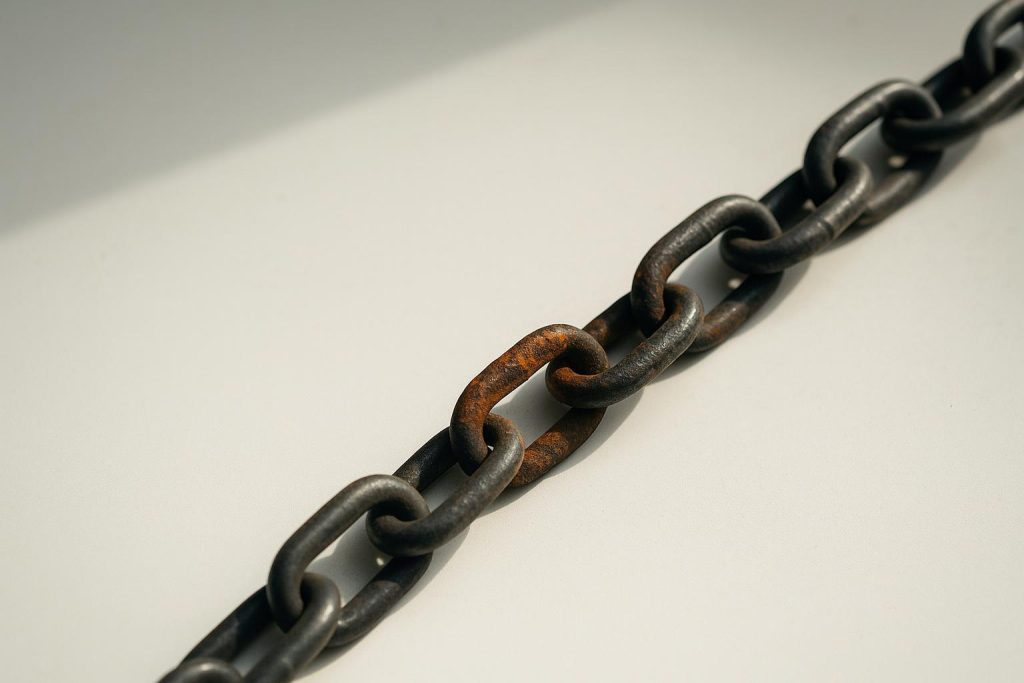 A rusted chain representing link building risks from untrustworthy websites.