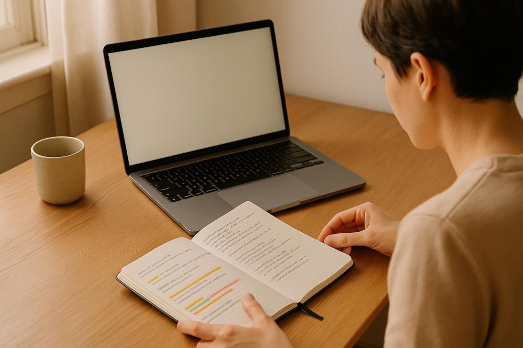 Person analyzing content optimization notes on a bright desk with open laptop.