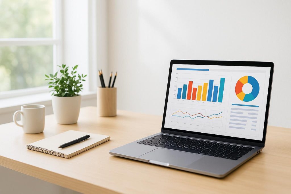 Modern laptop displaying SEO analytics tools in a bright workspace.