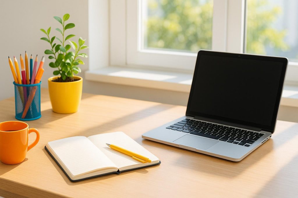 A bright desk with a laptop on the right, illustrating internal links in SEO copywriting.