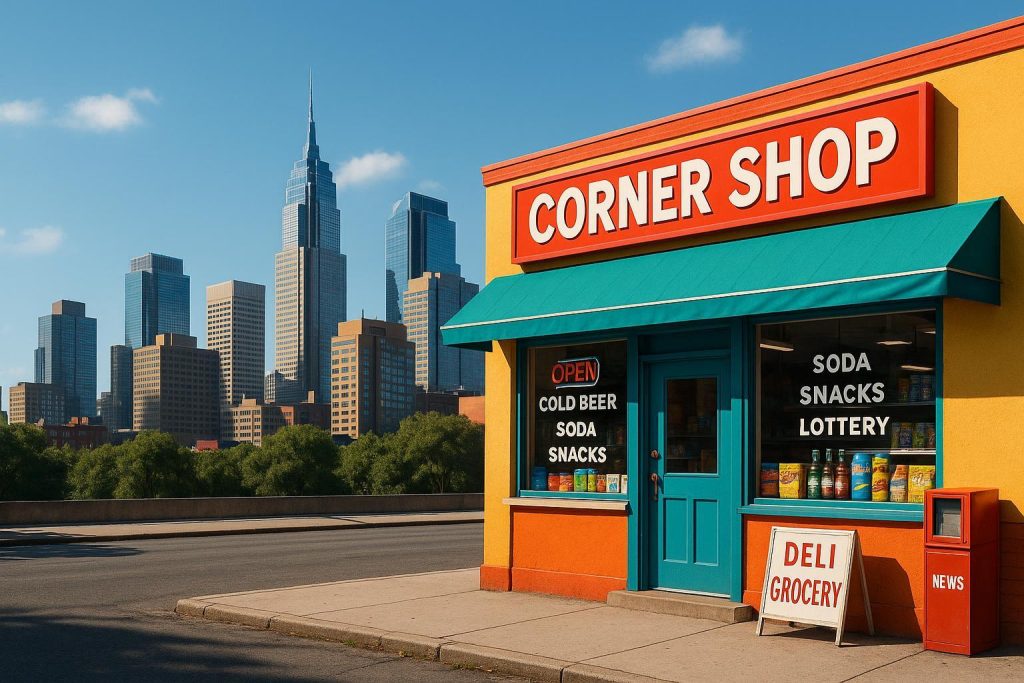 Local storefront and city skyline illustrating SEO optimization differences.