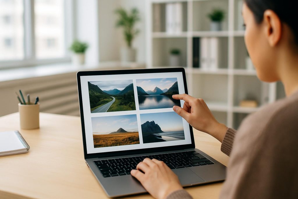 Person refining images in a modern office for SERP feature tweaks.