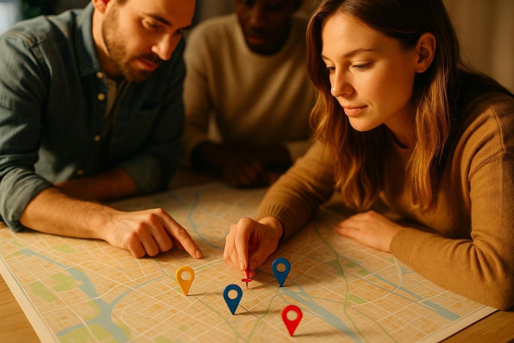 Team reviewing local SEO metrics on a pinned city map.
