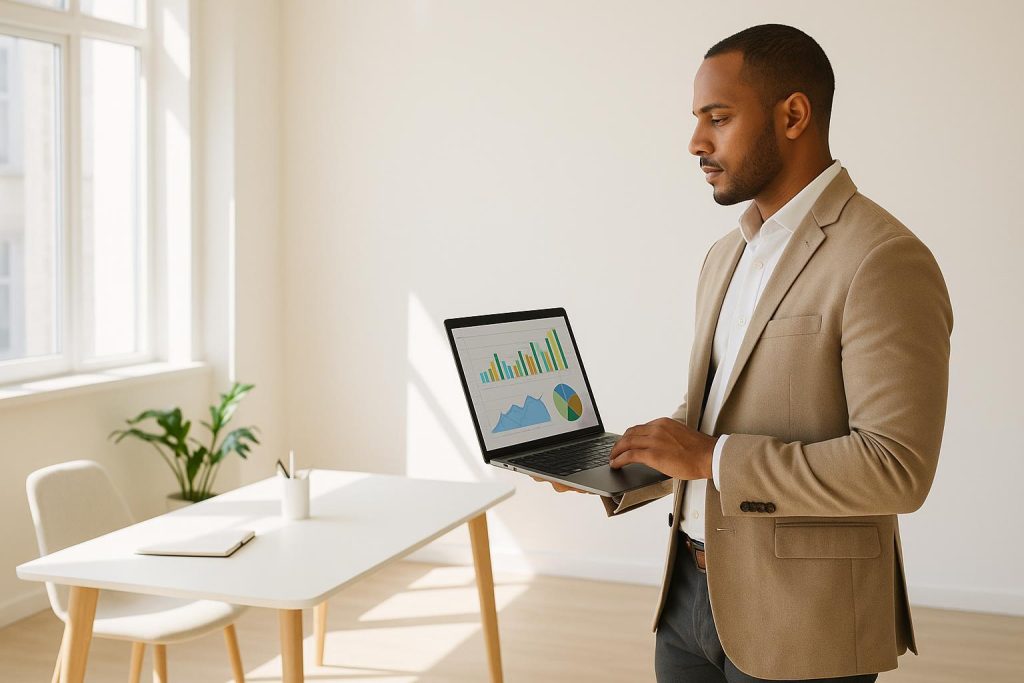Business owner checking SEO performance metrics on a laptop in a bright office