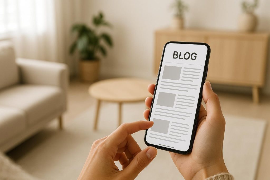 Person reading a blog on a smartphone in a bright setting for improved blog user engagement