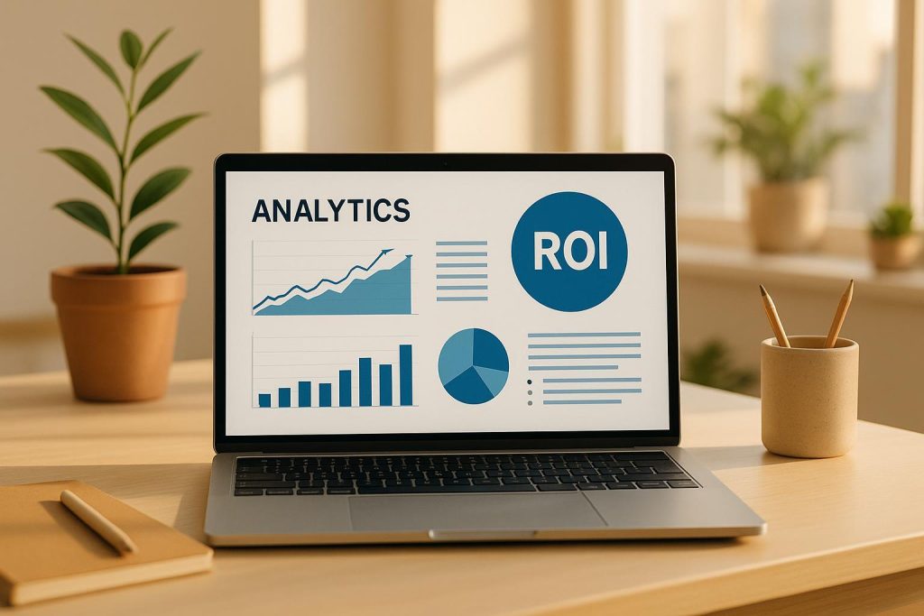 Laptop with analytics showing how to track ROI of SEO content in a bright office.