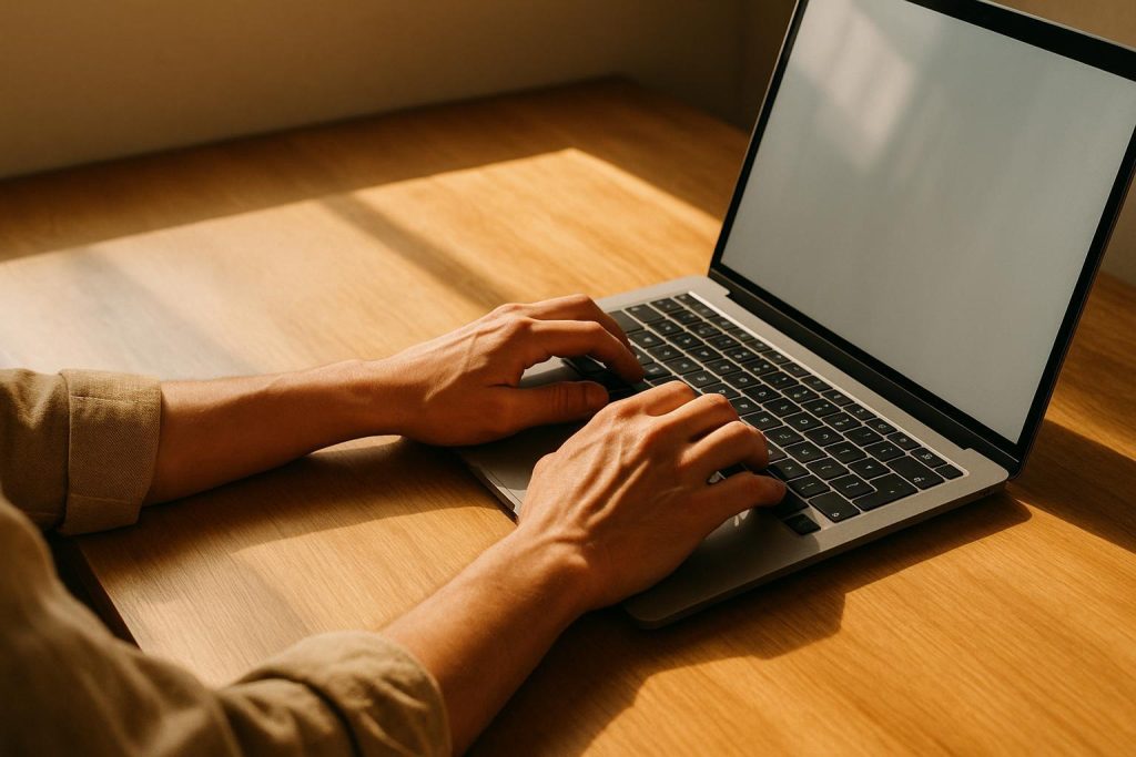 Person typing meta descriptions for SEO in a bright, minimalist workspace