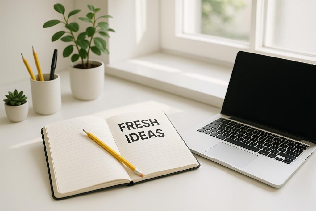 Desk with an open notebook symbolizing content freshness for better SEO rankings