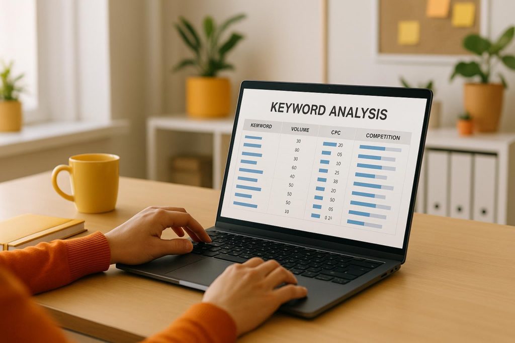 Person analyzing data on a laptop using keyword research tools for monthly SEO strategy updates.