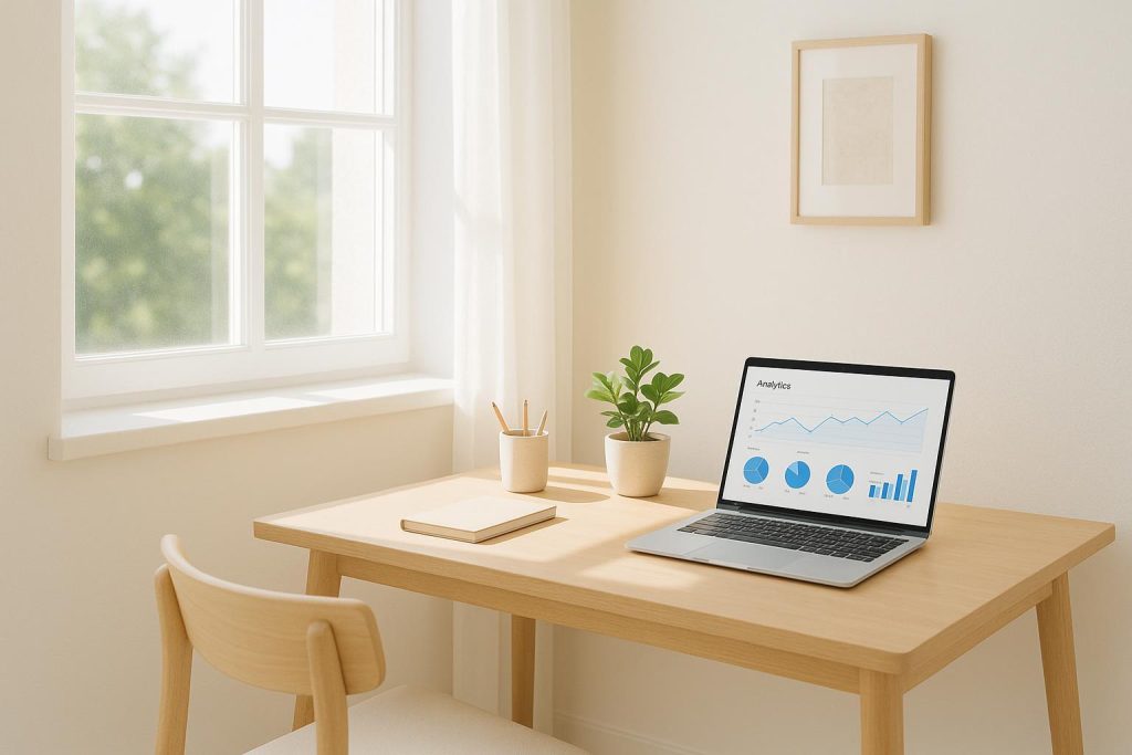 A laptop with data analytics for SEO audit tools in a bright, minimal workspace.