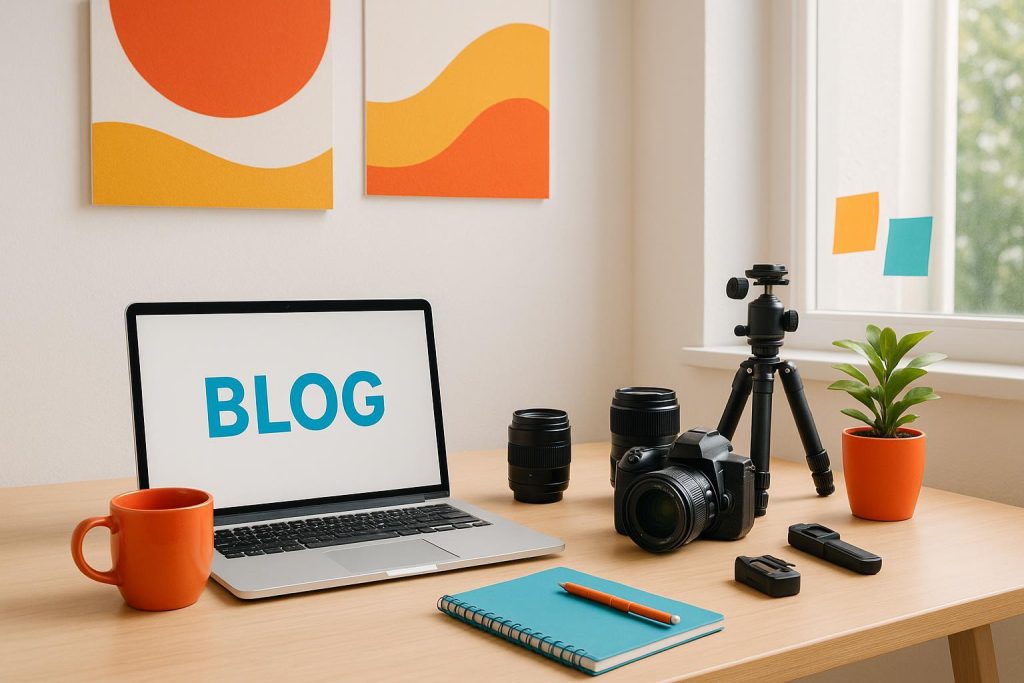 Laptop and camera on a desk illustrating blog user engagement with multimedia elements.