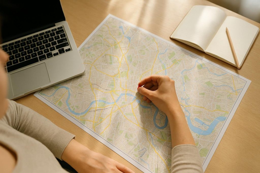 Person placing a pin on a city map near a laptop, focusing on local keywords.