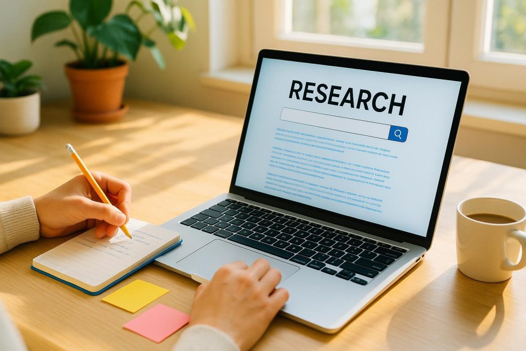 Person using a laptop to explore keyword research tools in a bright workspace.