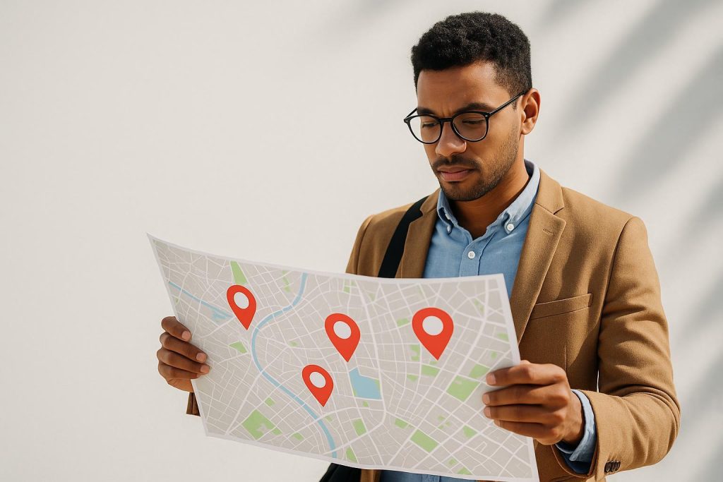Person examining a pinned city map, symbolizing effective service area pages.