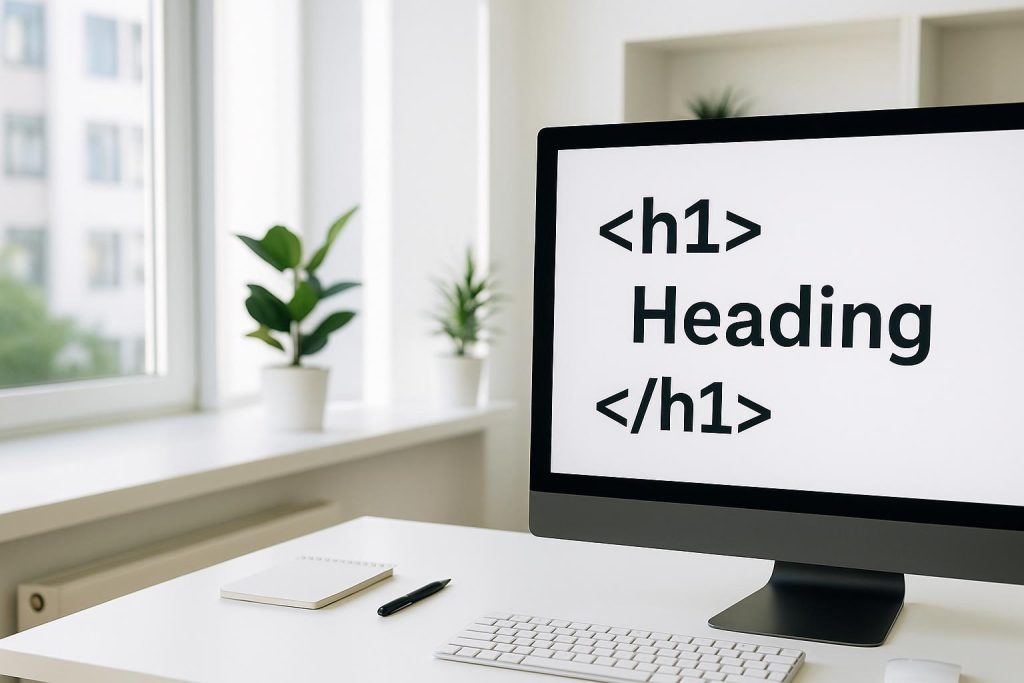 Close-up of a laptop screen displaying an H1 tag snippet for content optimization tips
