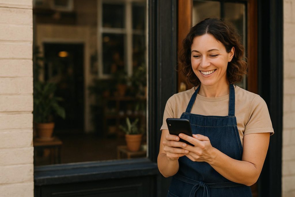 Small business owner checking online reviews for local SEO success.