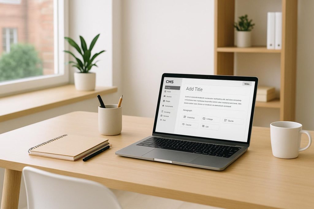 A laptop on a clean desk showing a future-proof CMS to illustrate organic search benefits.