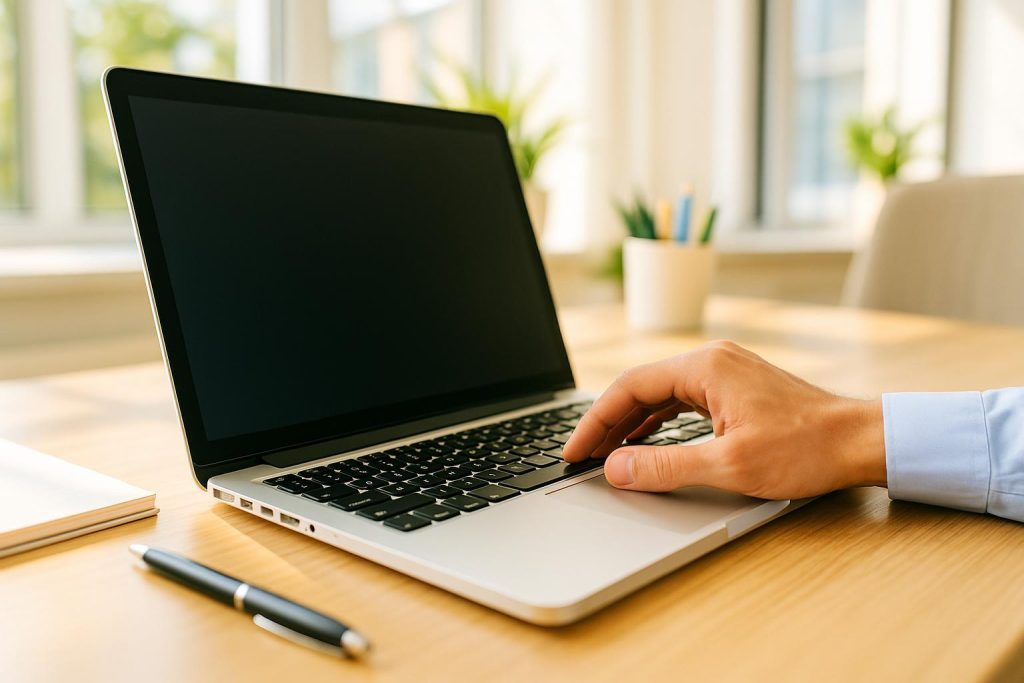 A person typing an optimized post title on a laptop for improved SEO.