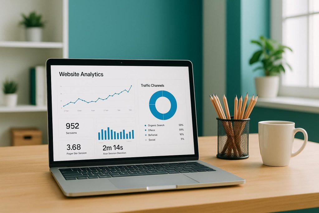 Modern workspace with laptop analytics for on-page SEO optimization.
