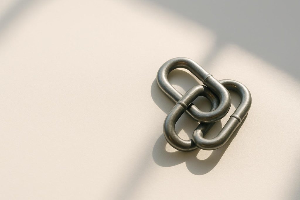 Interlinked metal chain on a bright surface, symbolizing link building.