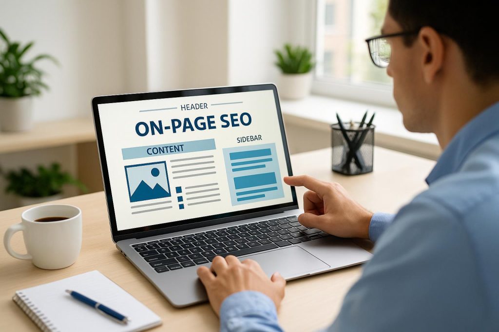 Person analyzing webpage design to illustrate on-page SEO and user experience.