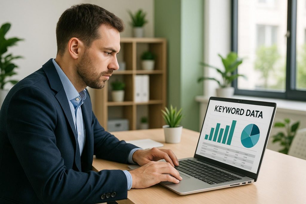 A professional reviewing keyword research data on a laptop in a modern office.