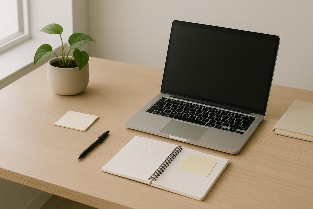 A laptop on a minimalist desk suggests tools for keyword research.