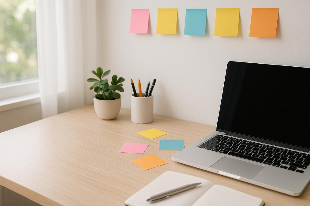 Bright desk with notes and a laptop illustrating content strategy updates.