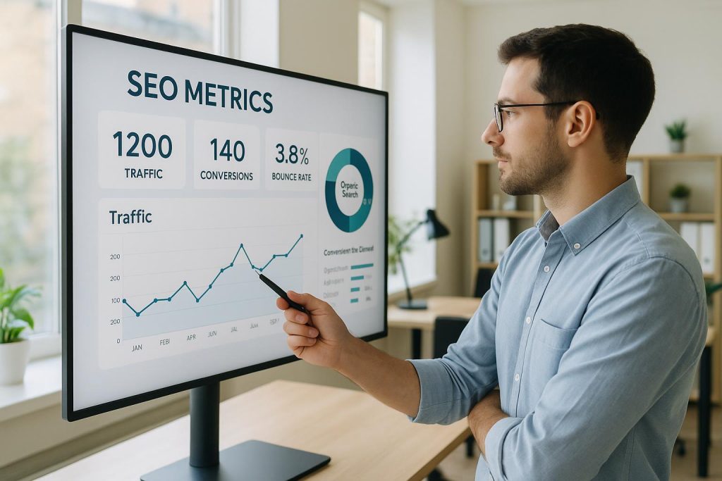 Person analyzing SEO data with keyword research tools on a computer screen.
