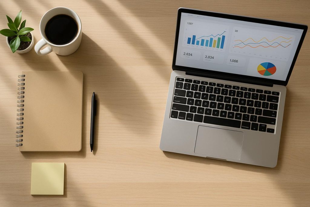 Modern desk with laptop illustrating keyword research tools in a bright, natural-lit setting