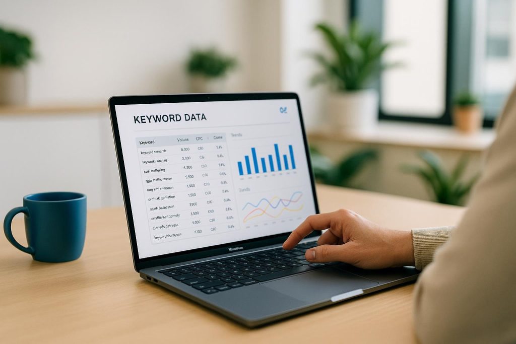 Person analyzing data on a laptop using keyword research tools to understand customer intent
