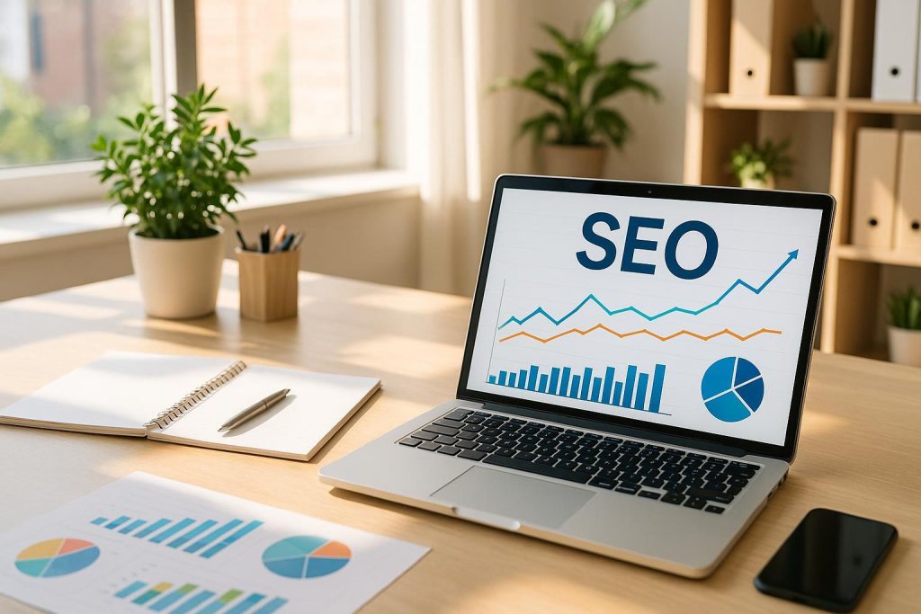 Laptop on a bright desk demonstrating how small businesses use keyword research tools, with left overlay space.