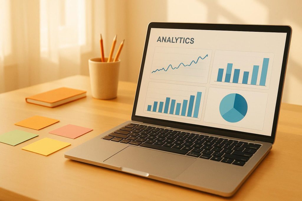 Laptop with analytics charts and sticky notes reflecting keyword research tools for niche markets.