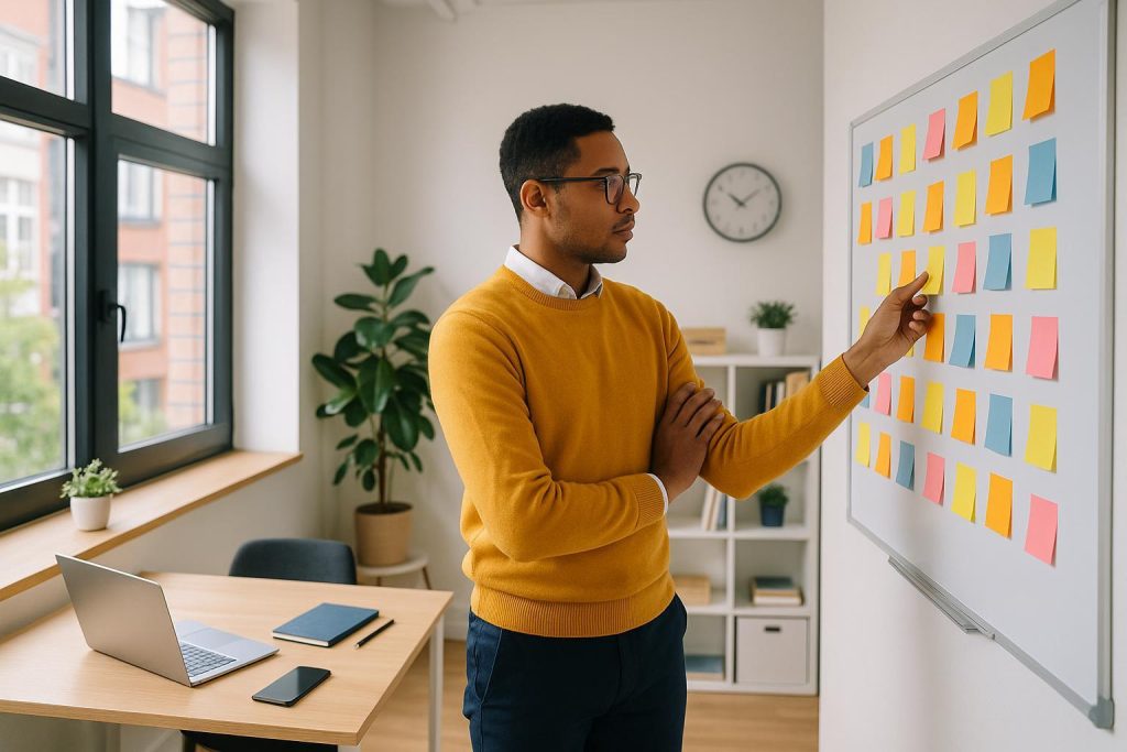 Person reviewing sticky notes for updated keyword research in a modern workspace.