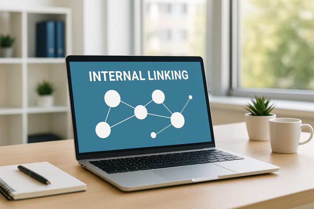 Laptop in a bright office symbolizing internal linking for better blog discoverability