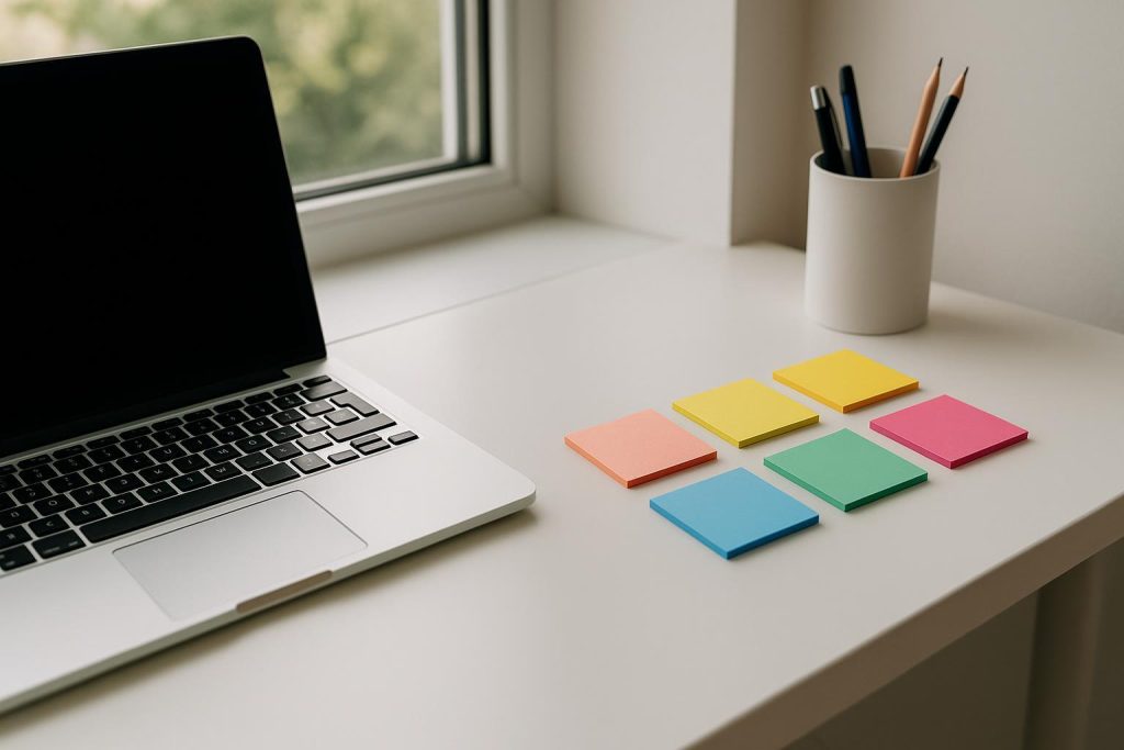 Laptop and color-coded sticky notes representing specialized keyword research for niche audience engagement.