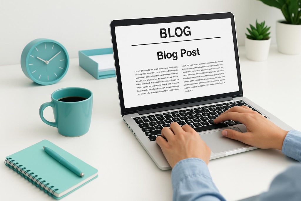 Person editing a blog post on a laptop for improved SEO performance.