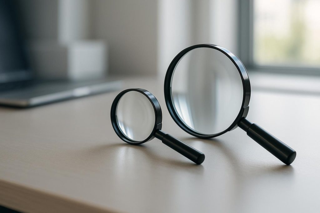 Two magnifying glasses of different sizes on a bright desk, illustrating keyword research tips.