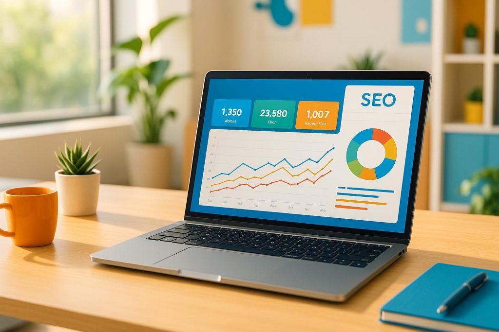 Open laptop showing colorful SEO metrics chart in a bright office.