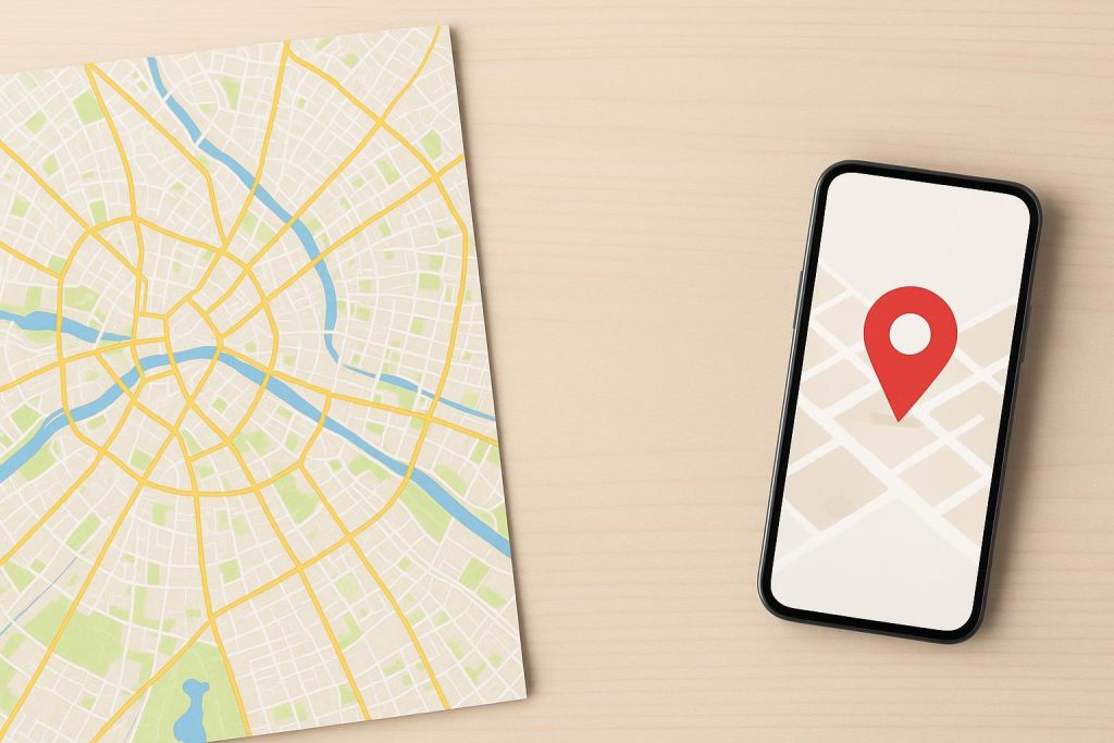 Overhead shot of map and smartphone highlighting local ads targeting strategies.