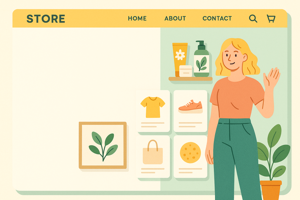A well-lit online storefront with product displays, highlighting how ecommerce SEO tools enhance product descriptions.