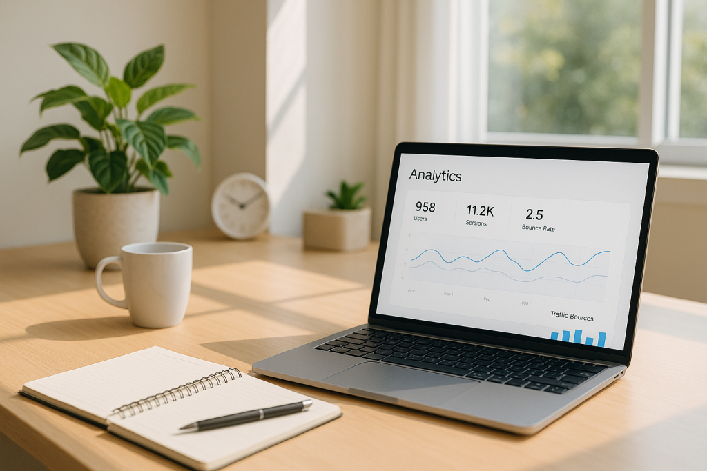 Modern workspace with laptop analytics display, illustrating integration for improved SEO campaigns.
