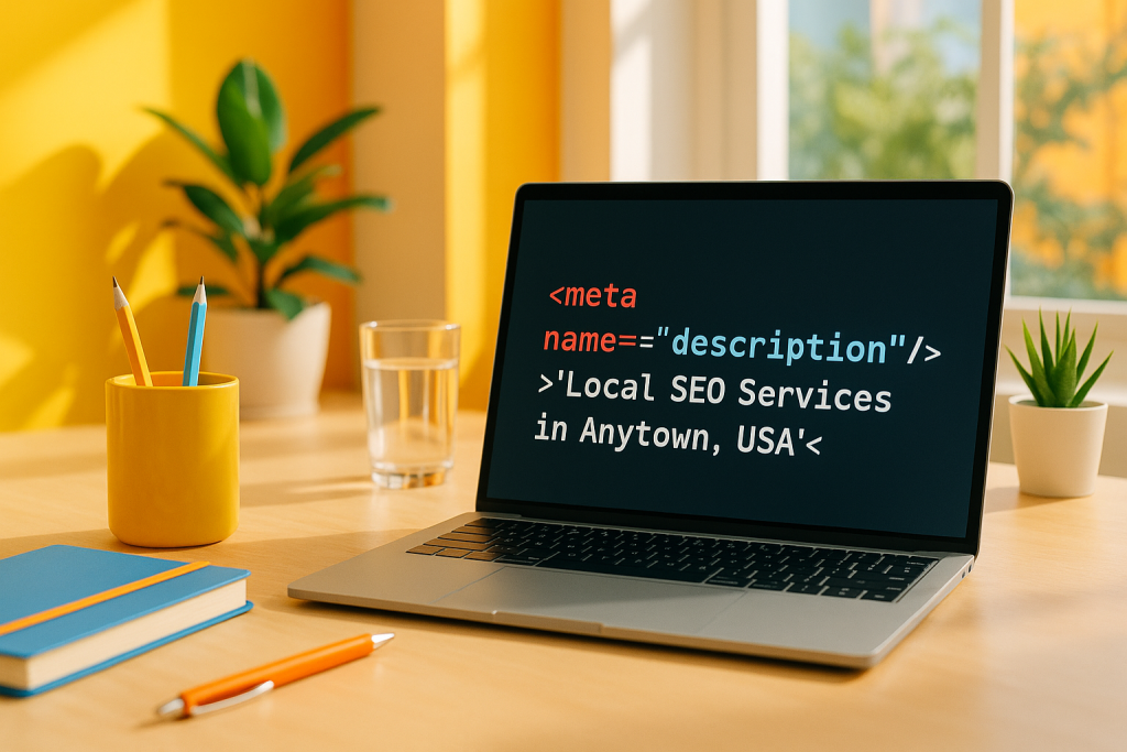 Laptop screen showing meta tags for local SEO in a bright office setting